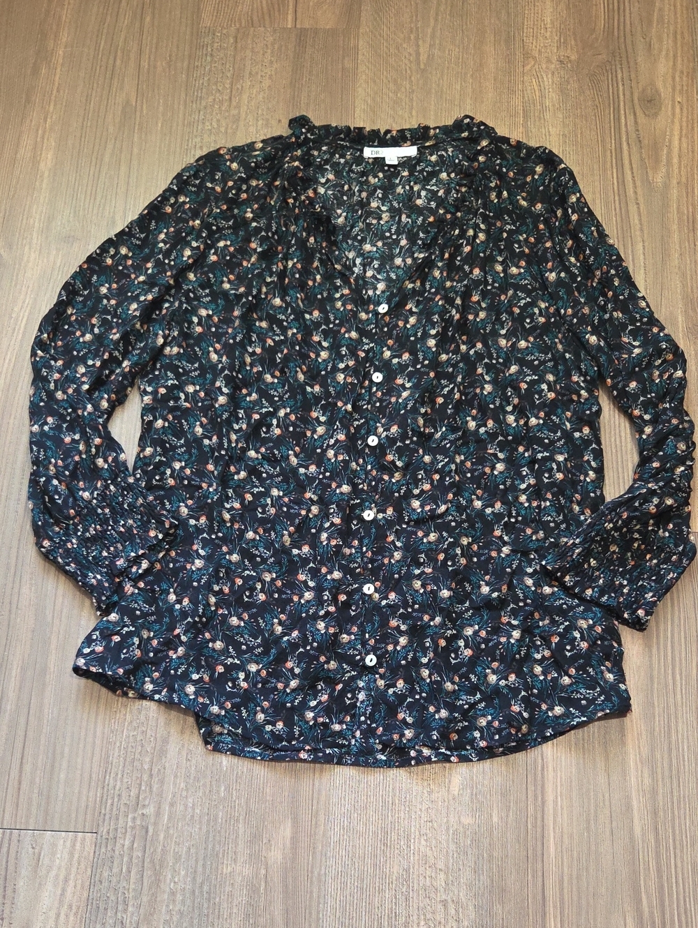 DR2 Black Floral Button-Down Blouse
